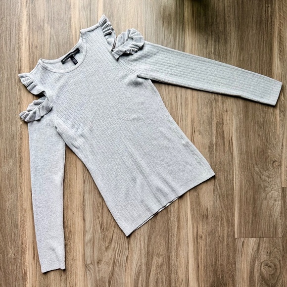 White House Black Market Gray Ruffle Cold Shoulder Ribbed Knit Top | Size S - Picture 9 of 9